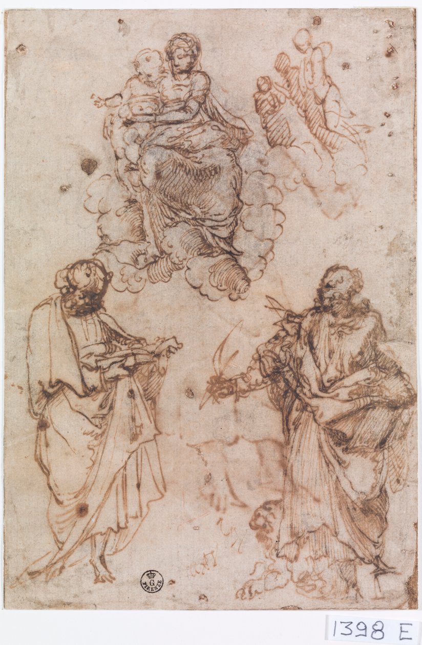 Madonna és a gyermek a felhőkön ülve szentekkel vagy apostolokkal (toll és tinta papíron) alkotó: Titian (c.1488 1576)