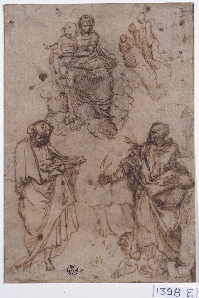 Madonna és a gyermek a felhőkön ülve szentekkel vagy apostolokkal (toll és tinta papíron) alkotó: Titian (c.1488 1576)