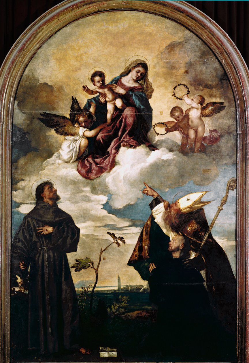 Madonna a dicsőségben gyermekével, Szent Ferenccel és Alvise-szal, valamint az adományozó Luigi Gozzival alkotó: Titian (c.1488 1576)