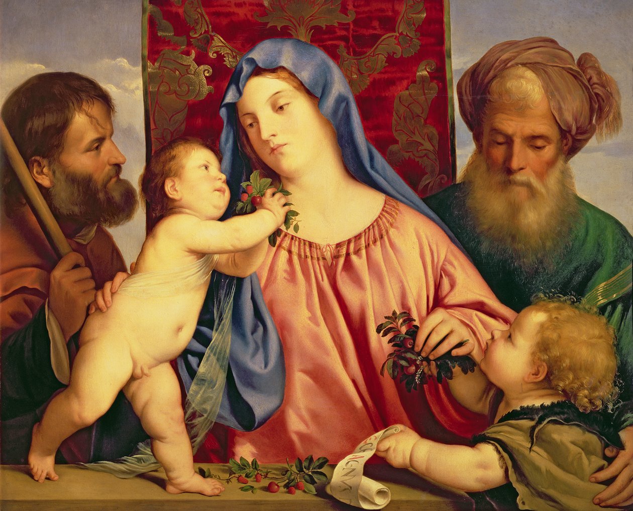 Cseresznyés Madonna Józseffel, Szent Zakariással és Keresztelő Jánossal (panel) alkotó: Tiziano Vecelli