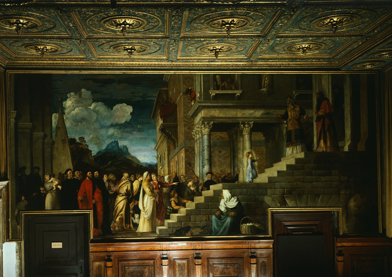Mária bemutatása a templomban, Tizianus (kb. 1490-1576), olaj, vászon, 345x775 cm alkotó: Titian (c.1488 1576)