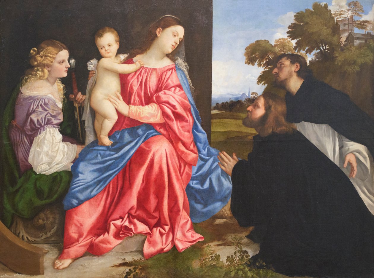 Szent beszélgetés Szent Katalin és Domonkossal, valamint az adományozóval, 1533 körül (olaj, vászon) alkotó: Titian (c.1488 1576)