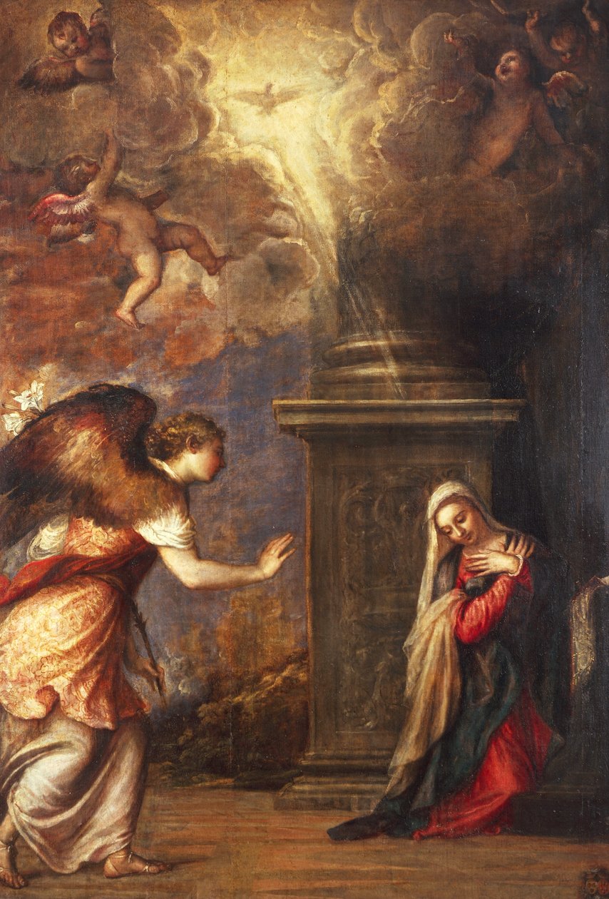 Az Angyali üdvözlet, Tizianustól (kb. 1490-1576), a nápolyi San Domenico Maggiore templomból, olaj, vászon, 280x210 cm alkotó: Titian (c.1488 1576)