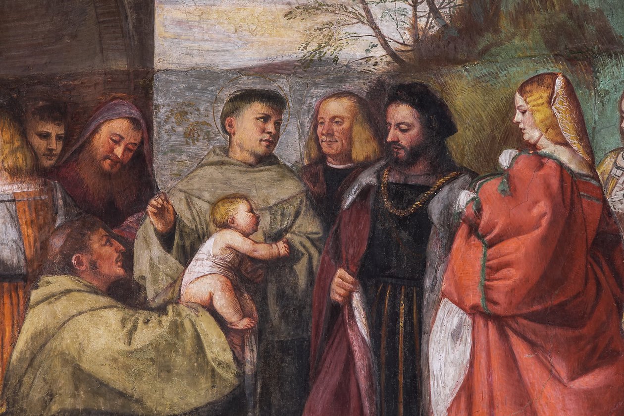 Az anya ártatlanságát hirdető baba, az északi fal, a Szentek iskolája, 2195188 és 2195385 részlet alkotó: Titian (c.1488 1576)