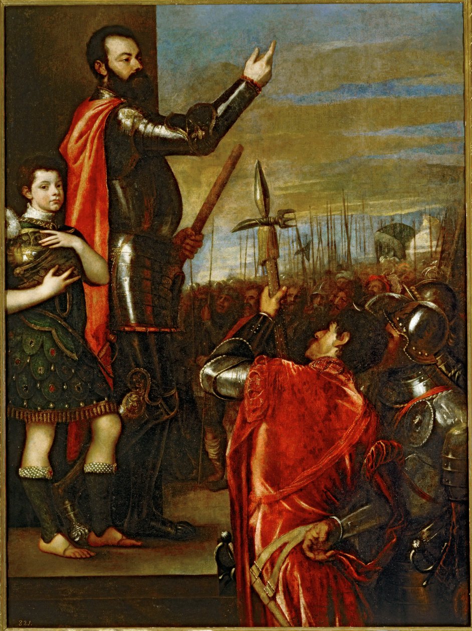 Vasto márkija a katonáihoz fordul ... (festmény, vászon) alkotó: Titian (c.1488 1576)