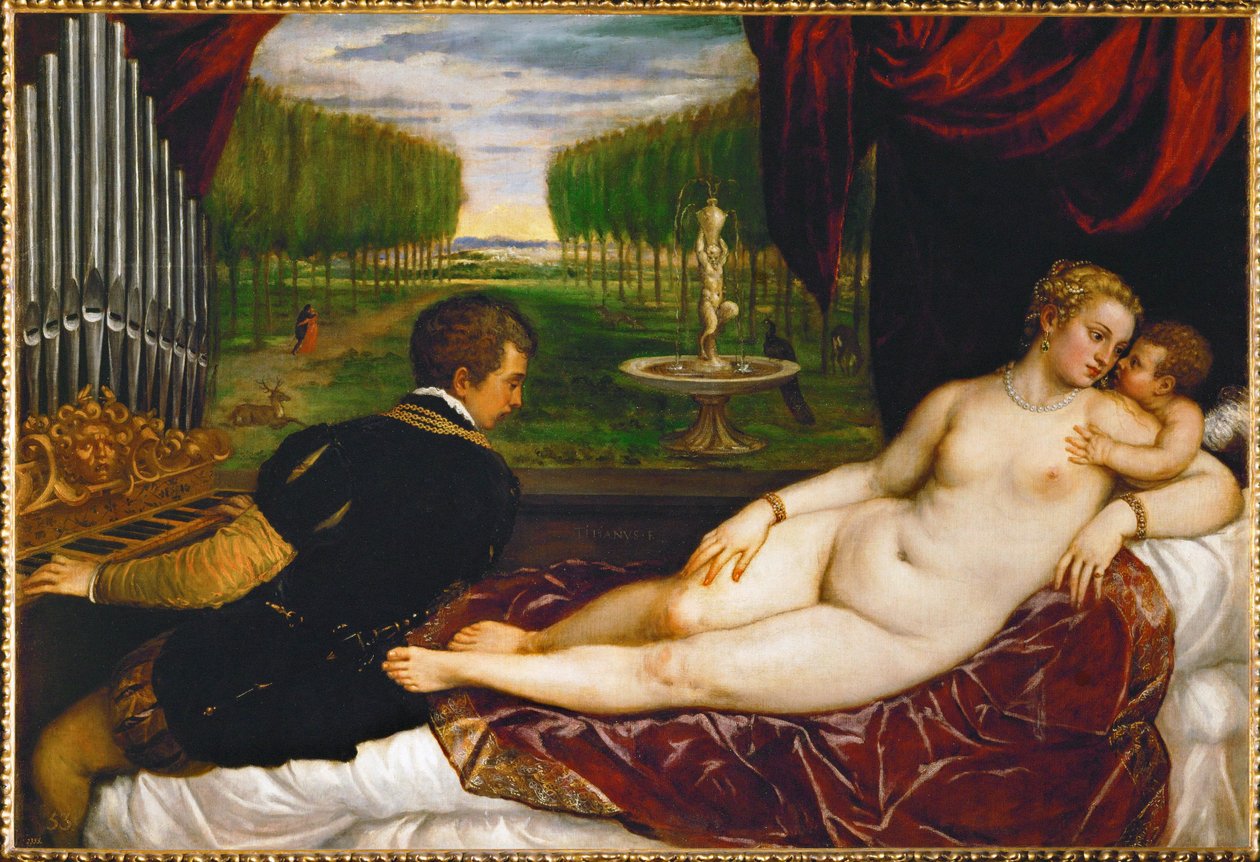 Vénusz, Ámor és egy orgonista ... (festmény, vászon) alkotó: Titian (c.1488-1576)