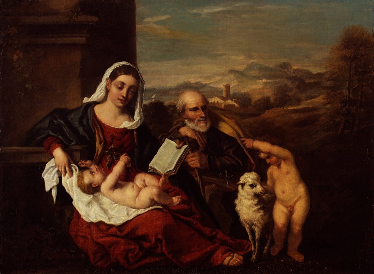 A Szent Család Keresztelő Szent János csecsemővel (olaj, vászon) alkotó: Titian (c.1488 1576) (after)