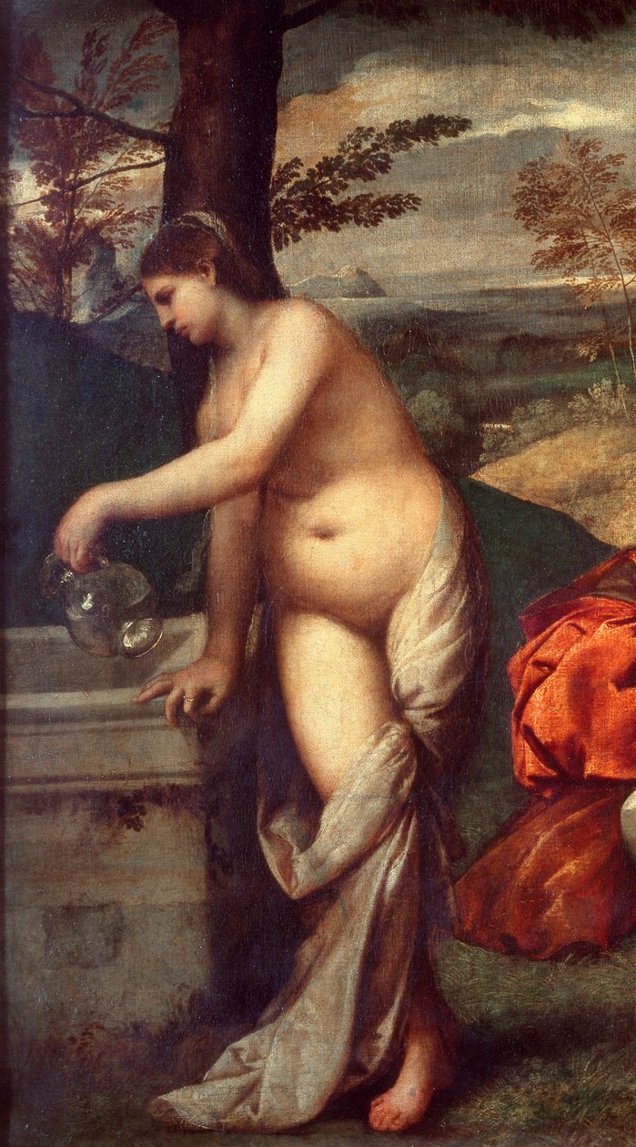 A zenekar koncertje Zenészek füvön, nők meztelenek. Részlet egyikükről, amint a kancsóját a szökőkúthoz tölti. Tiziano Vecellio dit le Titian (1485-1576) vagy Giorgio da Castelfranco dit Giorgione (1476/1478-1510) festménye V. 1,05 X 1,36 m Pari alkotó: Titian (c.1488 1576) (attr. to)