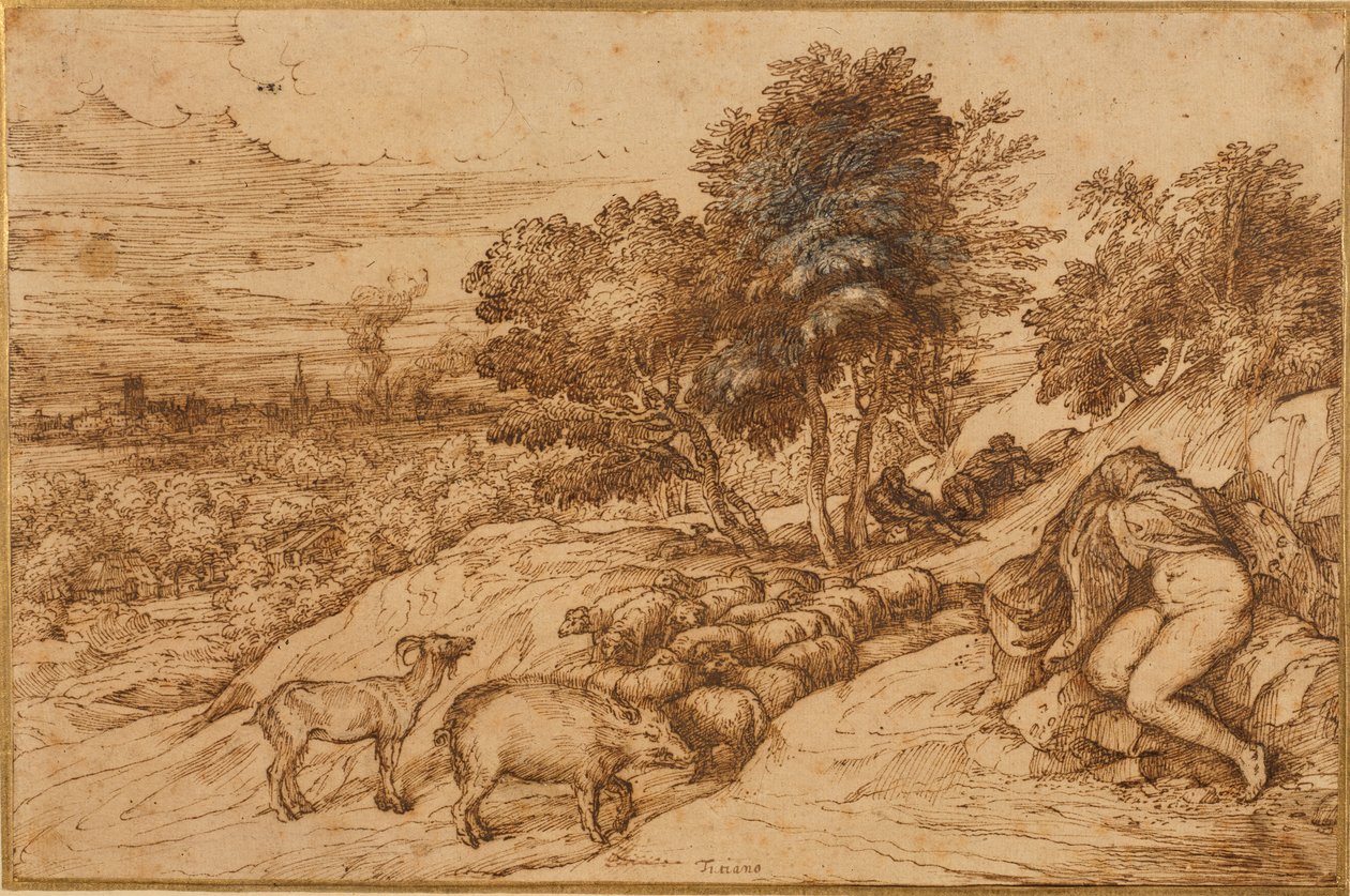 Fás táj egy meztelen nővel, fejét köpeny takarja (toll és barna tinta krémpapíron) alkotó: Titian (c.1488 1576)