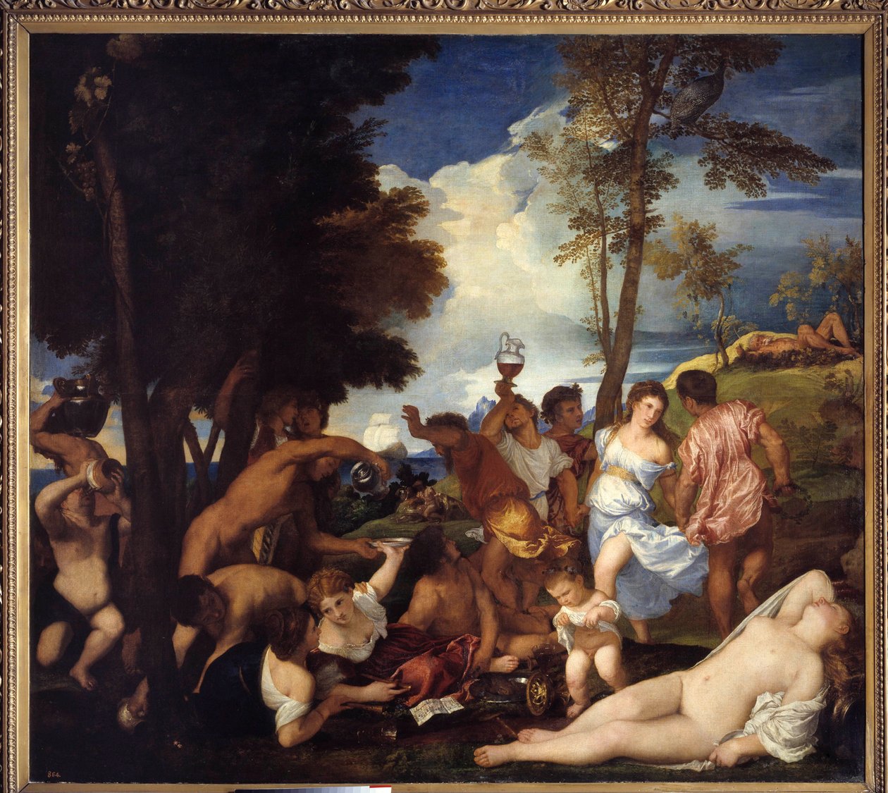 Bacchus érkezése Andros szigetére (Andrii Bacchanal). Érkezés Bacchusból az Andros-szigetre. Kép, amely a szatírák és bacchantes ünnepét az isteni Bacchus (Baccanal) tiszteletére ábrázolja. Tiziano Vecellio Tizianus című festménye (1485-1576), v alkotó: Tiziano Vecelli