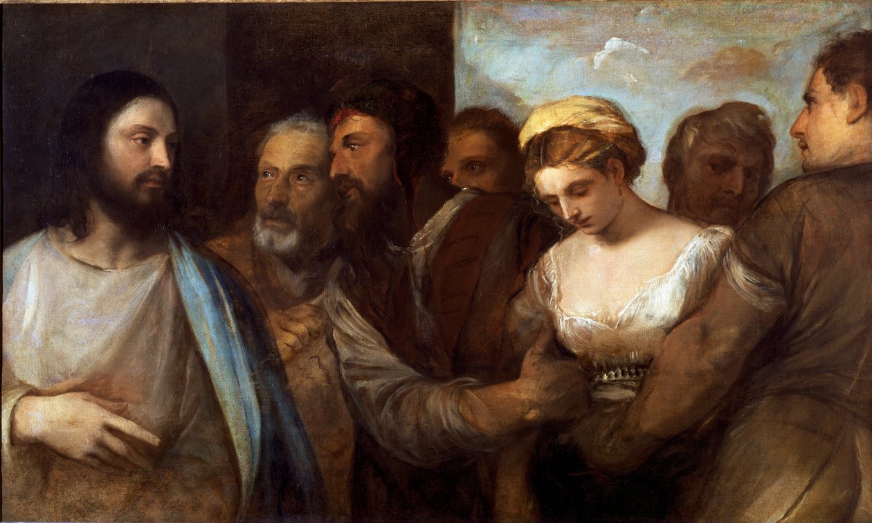 Krisztus és a házasságtörő asszony (festmény, 1540 körül) alkotó: Tiziano Vecelli