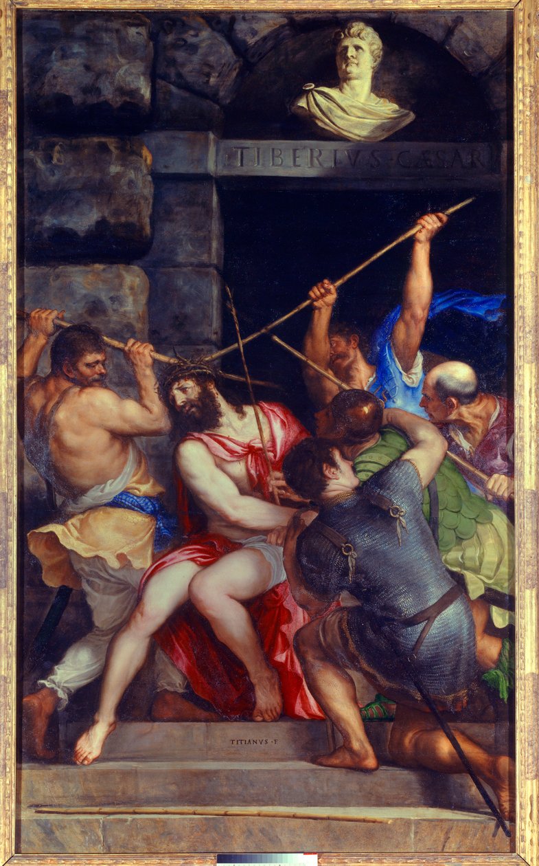 Krisztus töviskoszorúja Tiziano Vecellio Tizianus című festménye (1485-1576) 16. századi nap. 3,03x1,8 m alkotó: Tiziano Vecelli