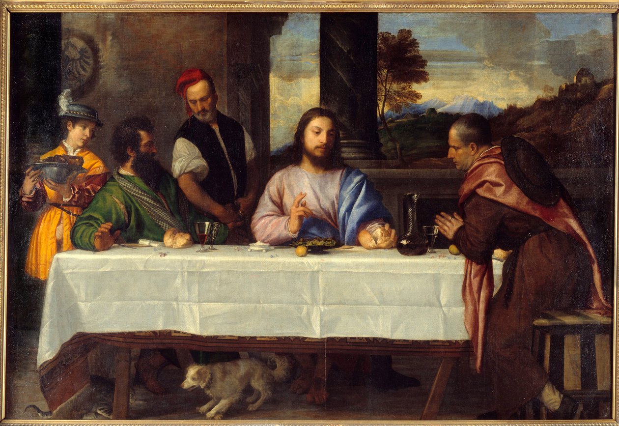 Vacsora az Emmausban. Találkozz Jézussal pelerinekkel. Tiziano Vecellio dit le Titian (1485-1576) festménye, 16. század V. 1,69x2,44 m alkotó: Titian (c.1488 1576)