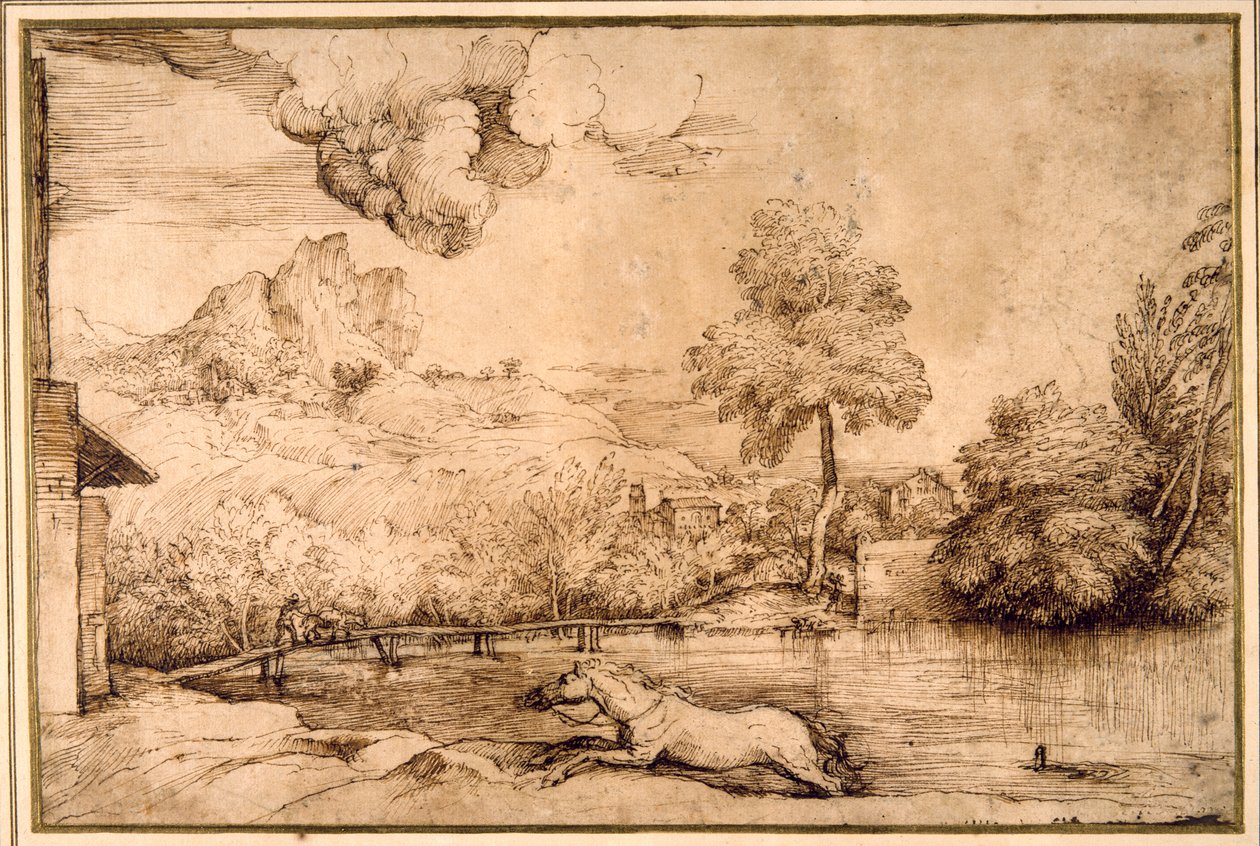 Táj: lovagtalan ló, akit kígyó üldöz (toll és barna tinta krémpapíron) alkotó: Titian (c.1488 1576)