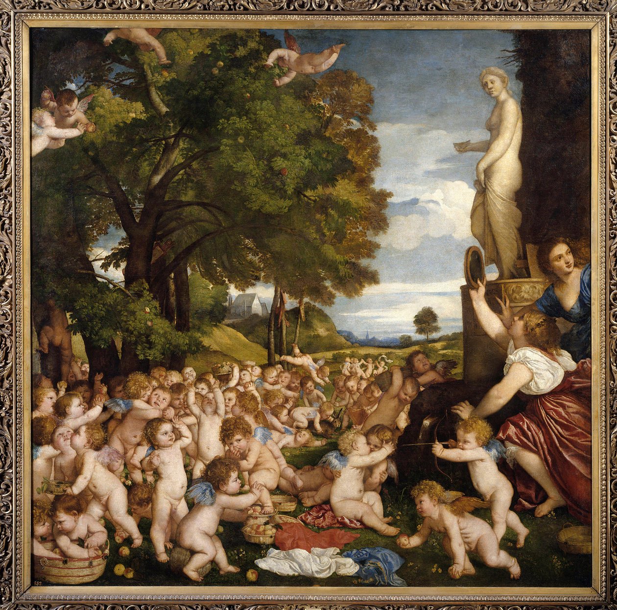 Offrande a Venus Kis szerelmesek (angyalok) gyűlnek össze, hogy tisztelegjenek Aphrodité istennő előtt – Tiziano Vecellio festménye: Tizian (1485-1576) 1518 Sun. 1,72 x 1,75 m Madrid musee du Prado - Vénusz imádata - Tiziano Vecellio Cinege című festménye alkotó: Tiziano Vecelli