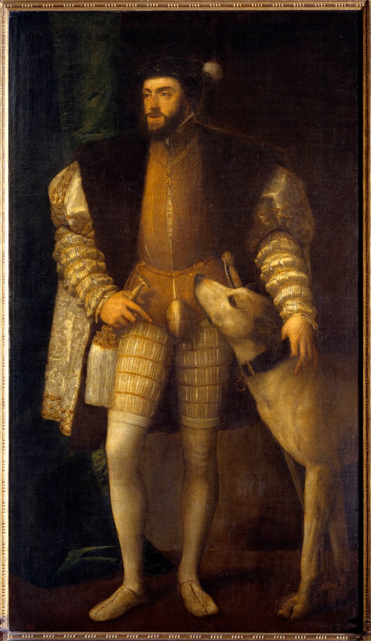 V. Károly császár (1500-1558) 35 éves portréja Sampere kutyájával. Tiziano Vecellio dit Le Titian (1485-1576) alkotó: Tiziano Vecelli
