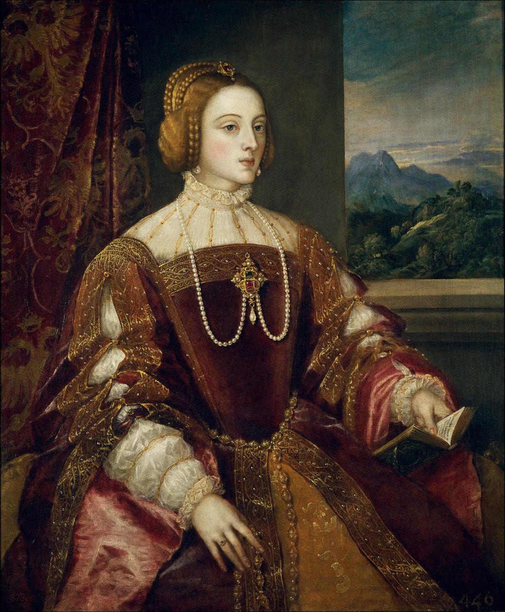 Portugália Izabella impressziójának portréja (1503-1539) Tiziano Vecellio Tizianus című festménye (1485-1576) 1548 V. 1,17x0,98 m Madrid, Prado Múzeum alkotó: Tiziano Vecelli