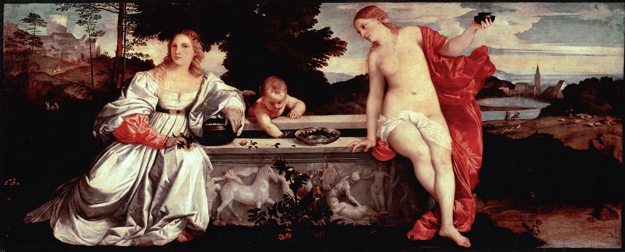 Tiziano Vecellio Szent szerelem és világi szerelem festménye, Tizianus (1490-1576) 1515 kb. Nap. 118x279 cm Róma, Galleria Borghese - Szakrális és profán szerelem - Tiziano Vecellio festménye, Tizianus (kb. 1488-1576), olaj, vászon, kb. 1515 (118x279 alkotó: Tiziano Vecelli