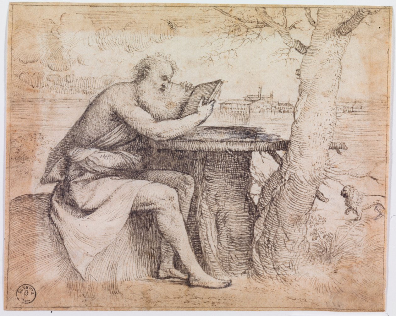 Szent Jeromos tájképben (toll és tus, papír) alkotó: Titian (c.1488 1576)