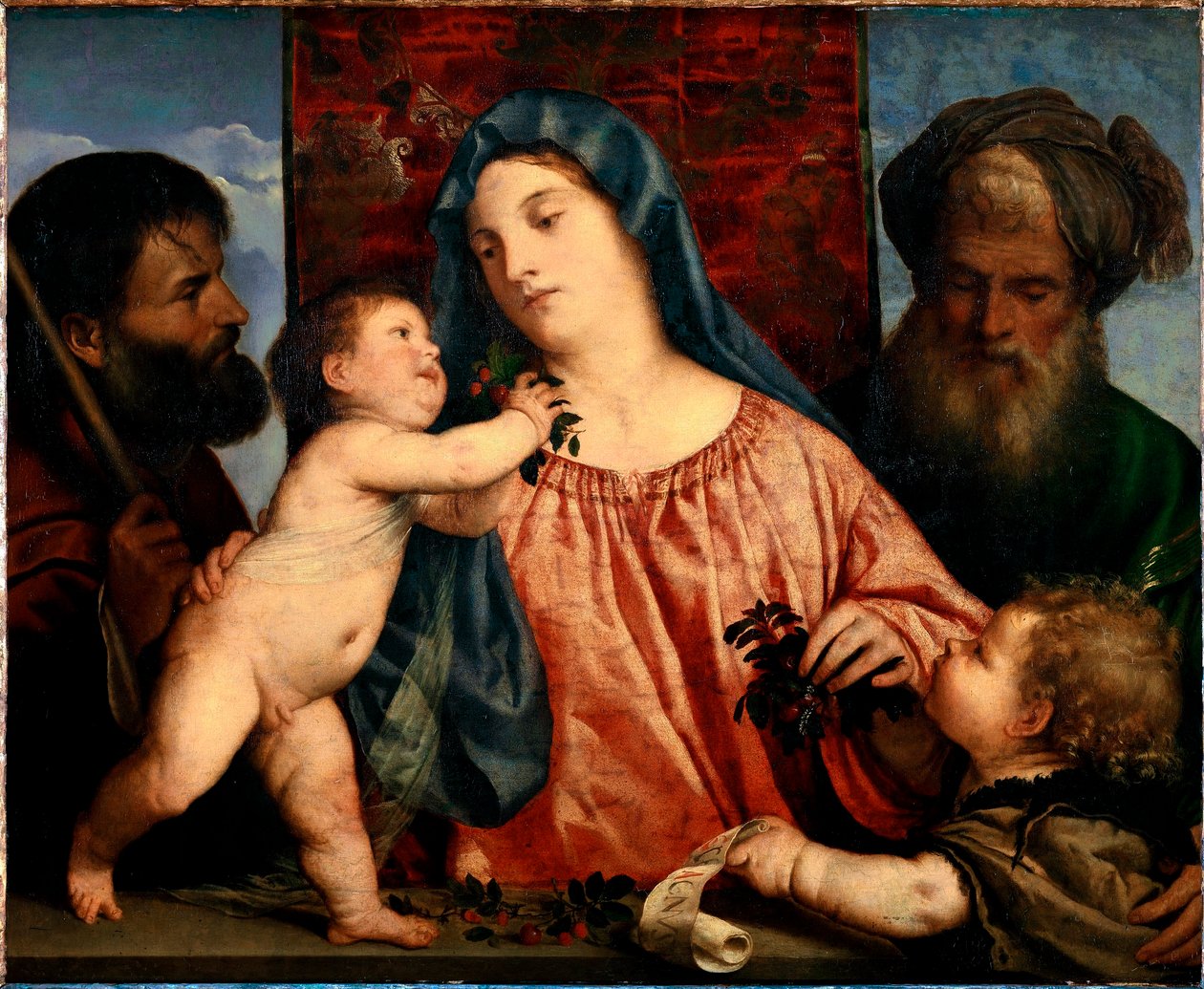 A Cseresznye Madonnája Szent József, Zakariás és Keresztelő János veszi körül Máriát és a gyermeket. Tiziano Vecellio festménye: Tizian (kb. 1490-1576) 1515-1520 Nap. 81x99,5 cm Bécs, Kunsthistorisches Museum, Ausztria alkotó: Tiziano Vecelli