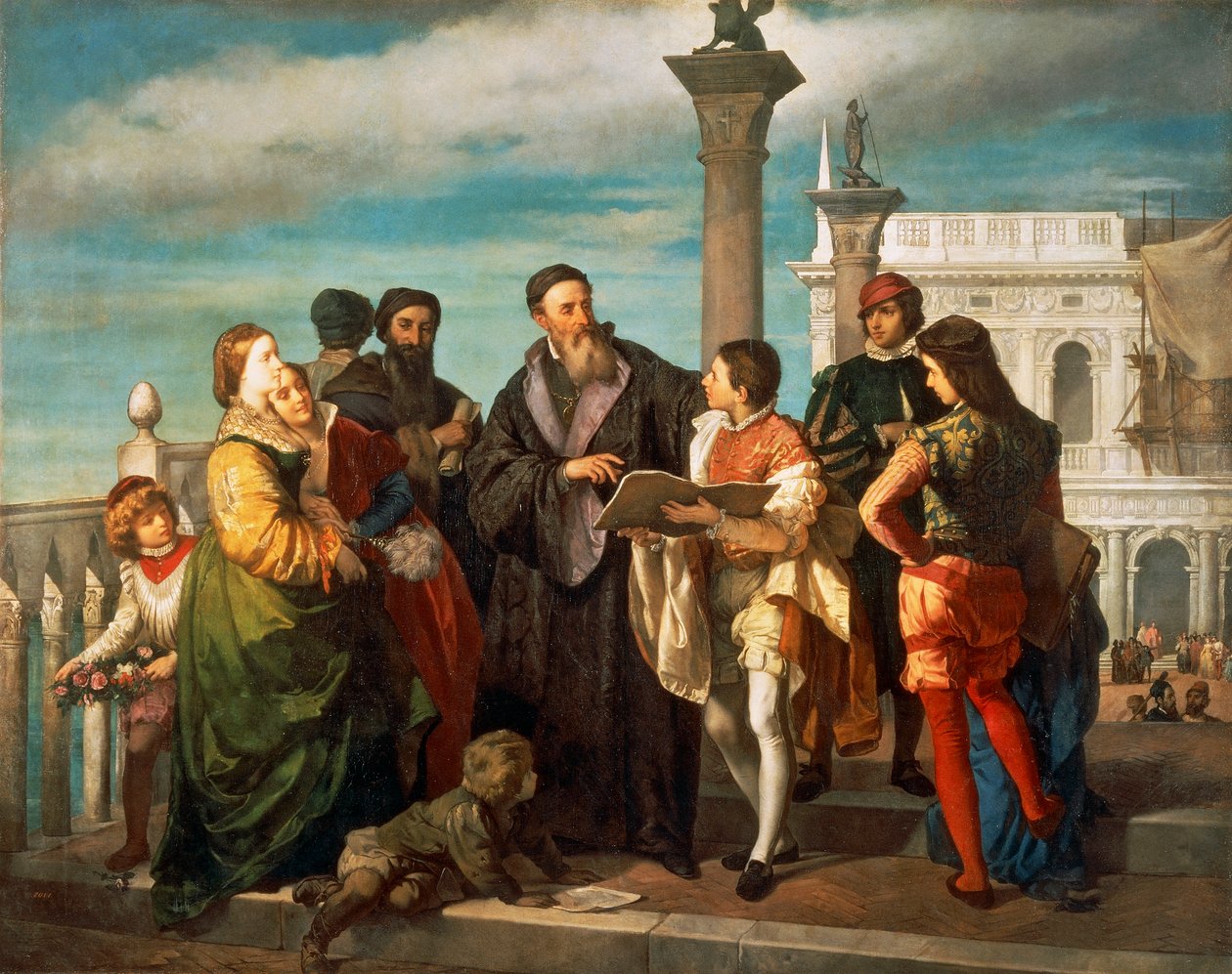 Tizian (1488-1576) és fiatal Veronese (1528-88) találkozása a Ponte della Paglián, Antonio Zona (1814-1842), olaj, vászon alkotó: Titian (c.1488 1576)