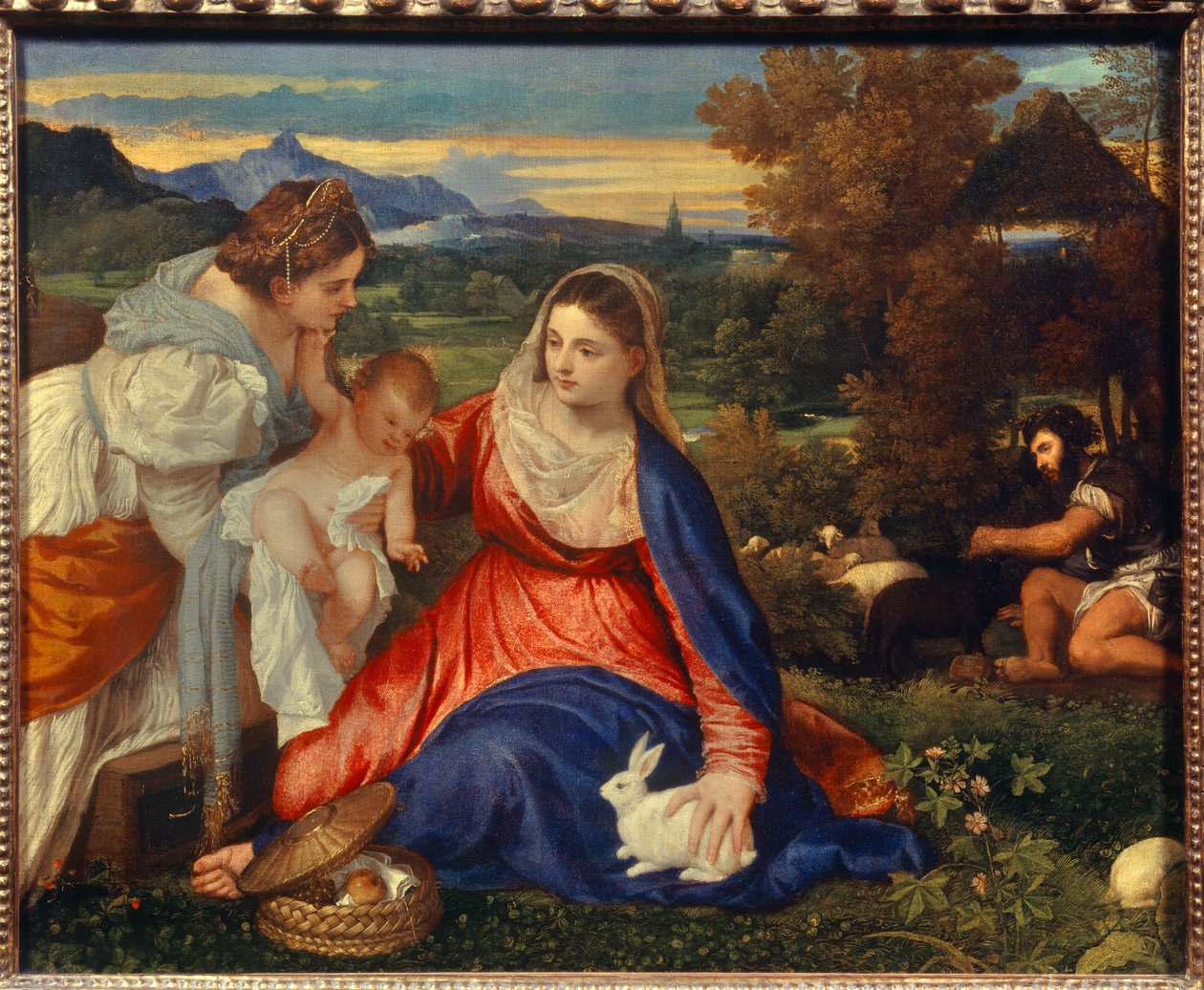 Szűz és gyermek Szent Katalinnal vagy Szűz a nyúllal Tiziano Vecellio dit le Titian festménye (1485-1576) 16. század V. 0,71 x 0,87 m Párizs, alkotó: Tiziano Vecelli
