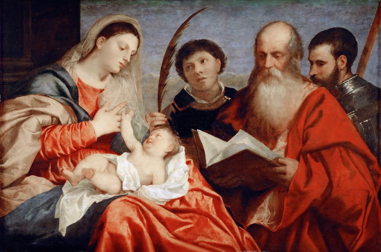 Szűz és gyermek Szent Istvánnal, Jeromosszal és Mauriceszal – Tizianus (1488-1576). Olaj, fa, c. 1520. Mérete : 92,7x138 cm. Művészettörténeti Múzeum, Vienne alkotó: Titian (c.1488 1576)