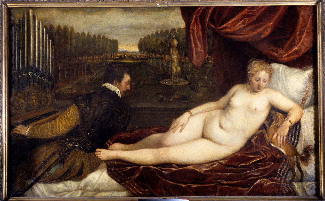 Az Un woman nude lie en pres un homme orgonán című koncert. Tiziano Vecellio Tizianus című festménye (1485-1576) alkotó: Tiziano Vecelli