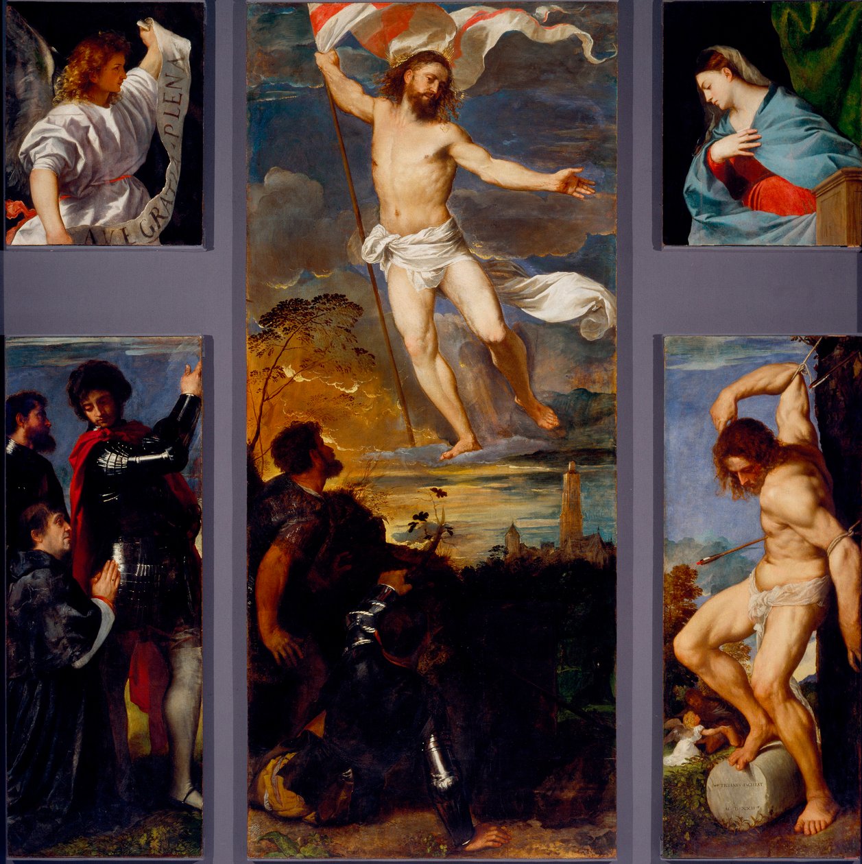 A feltámadás „” A Szűz”” „” Szent Sebestyén””” és a szponzorok. Az Averoldi poliptichon táblái. Tiziano Vecellio Tizianus (kb. 1490-1576) festménye fára, 16. századi Brescia, Szent Nazzaro és Celso temploma alkotó: Titian (c.1488 1576)