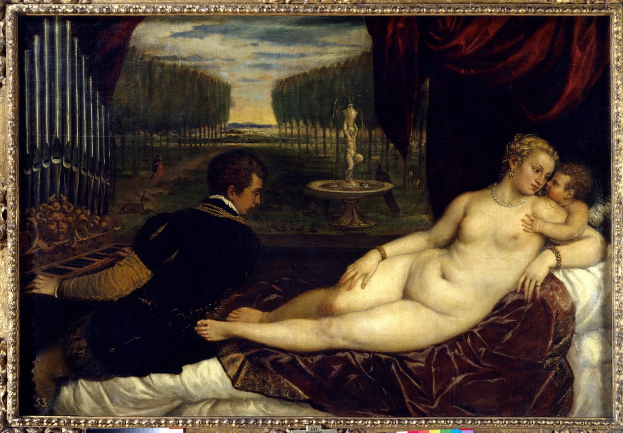 Tiziano Vecellio Vénusz, szerelem és zene festménye: A Tizian (1485-1576) alkotó: Titian (c.1488 1576)