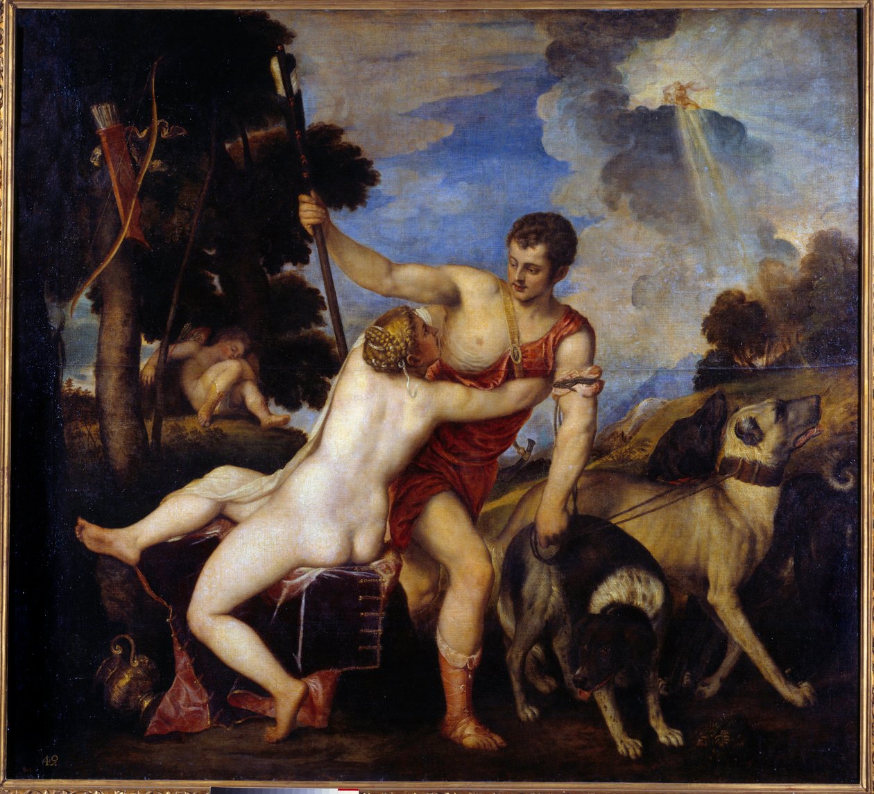 Vénusz és Adonisz. Tiziano Vecellio festménye: A Tizian (1485-1576) alkotó: Tiziano Vecelli