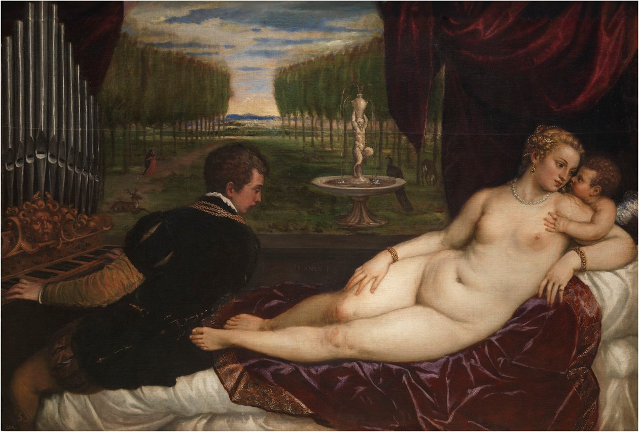 Vénusz orgonistával és Ámorral, 1555 körül. alkotó: Titian