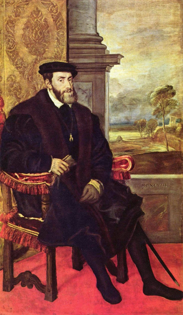 V. Károly portréja egy karosszékben alkotó: Tiziano Vecelli