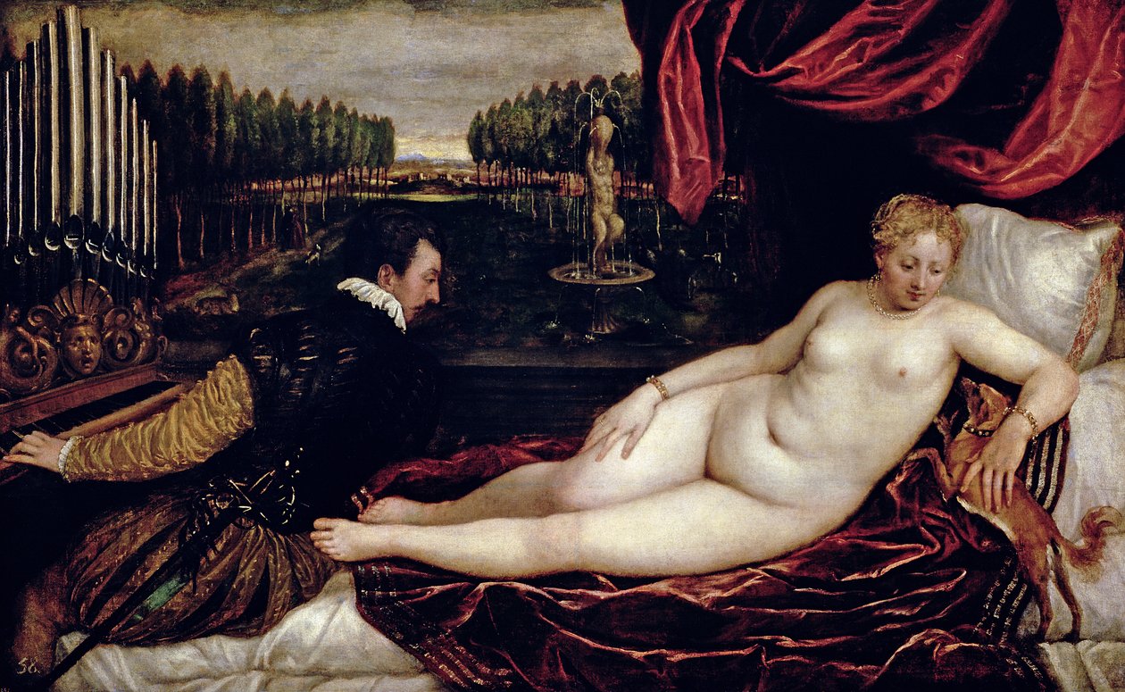 Vénusz és az orgonista, 1540-50 körül alkotó: Tiziano Vecelli