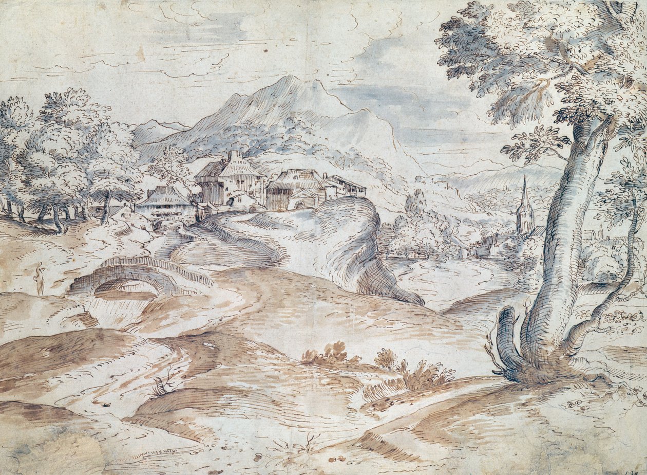 Erdős táj faluval és templommal (papíron mosás és tinta) alkotó: Tiziano Vecelli