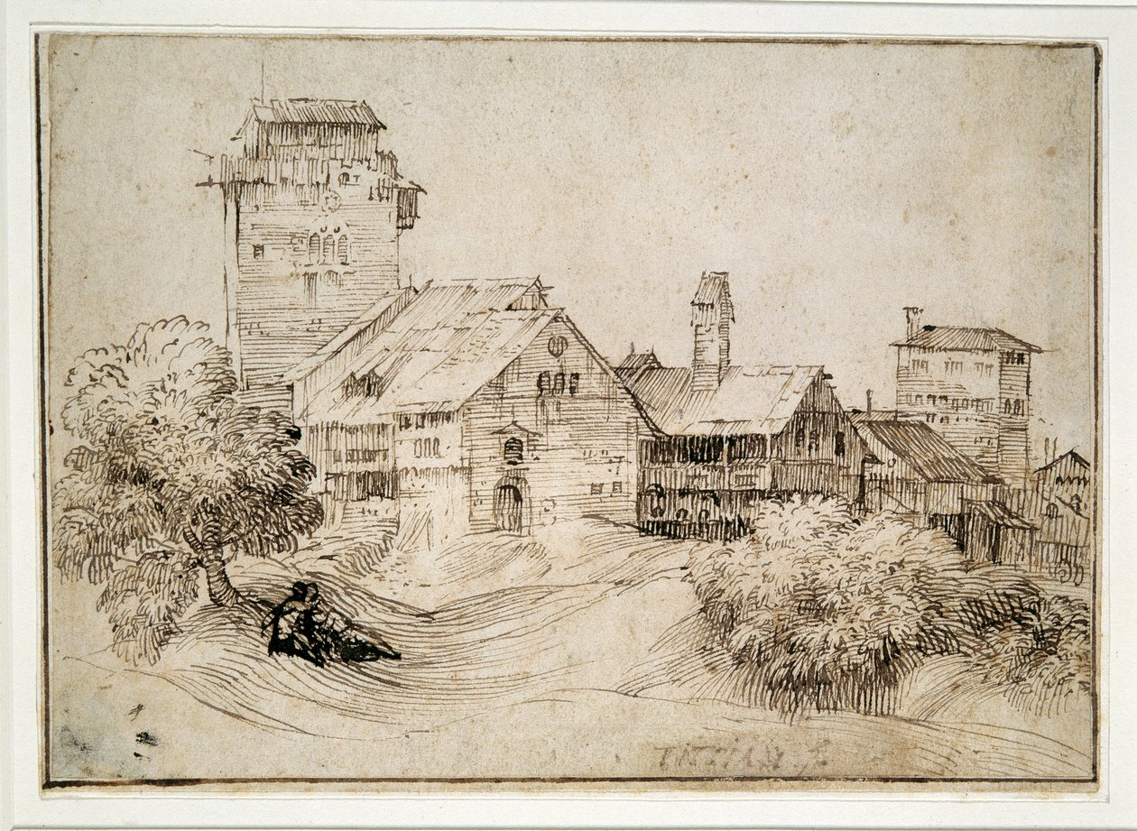 Táj épületekkel és szerelmesekkel, ölelkező, Tizian után (toll és barna tinta papíron) alkotó: Tiziano Vecelli (follower) Titian