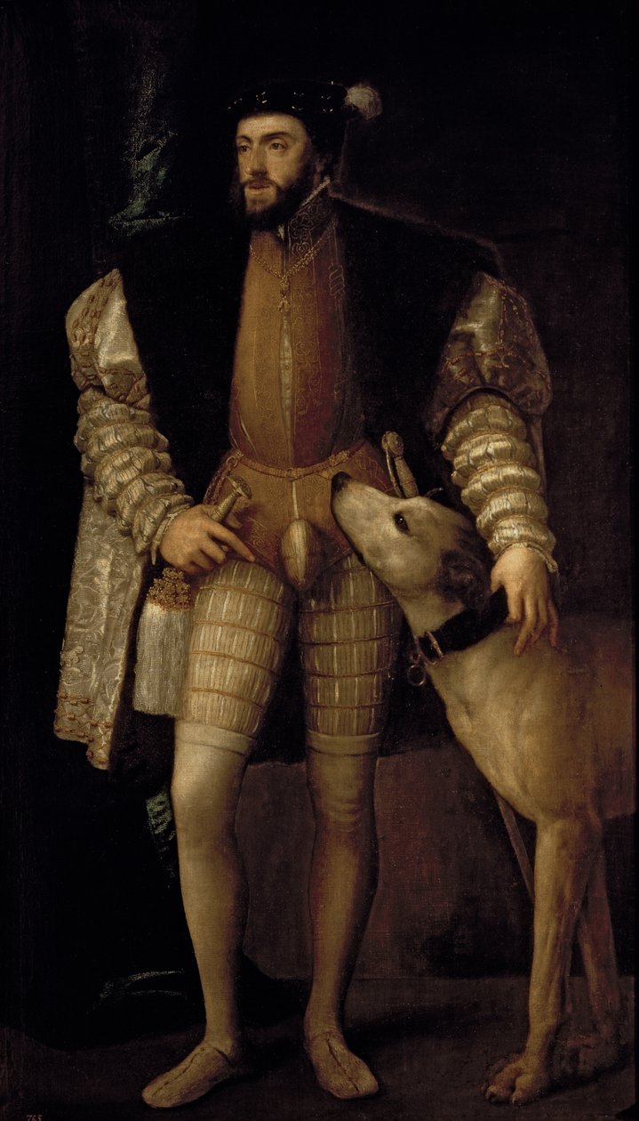 V. Károly (1500-58) római római császár és spanyol király kutyájával, 1533 alkotó: Tiziano Vecelli