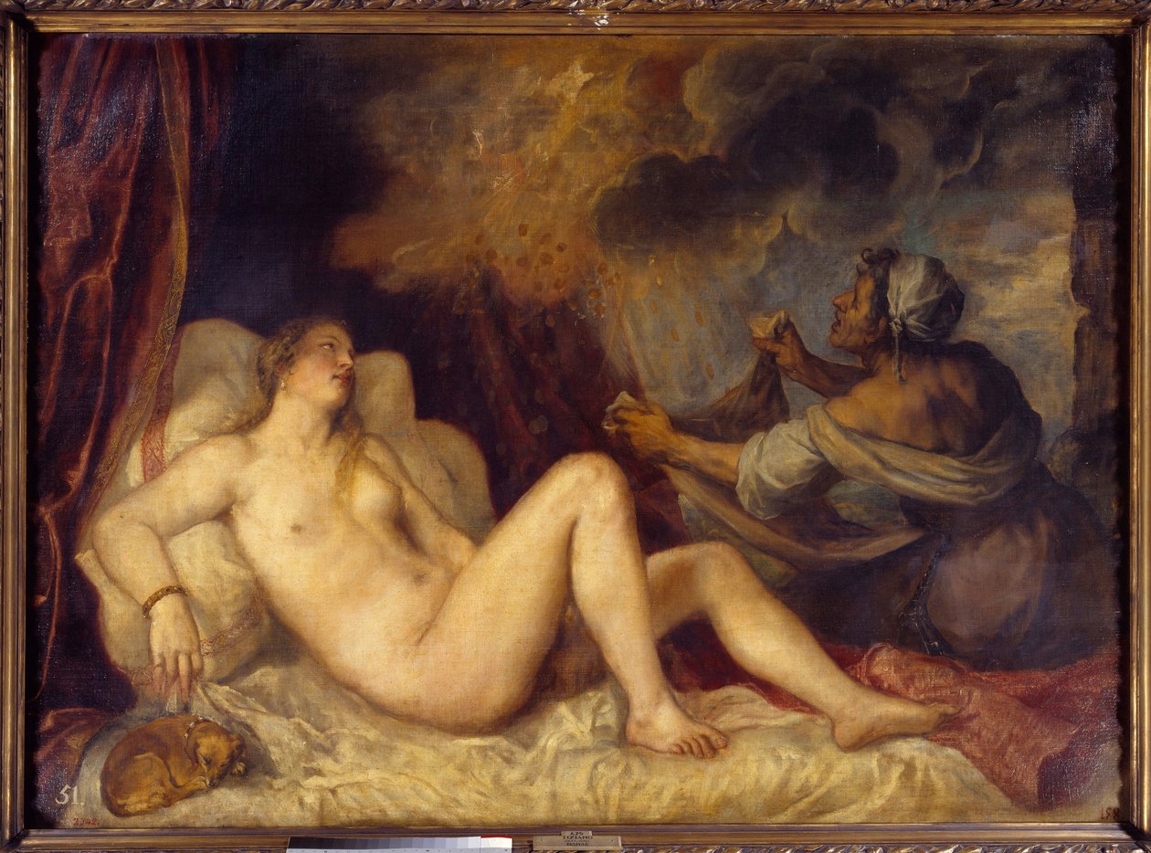 Danae megkapja az aranyesőt Zeusz eljön Danaébe, hogy aranypénzeső formájában elcsábítsa. Tiziano Vecellio festménye: A Tizian (1488-1576) 1553 V. 1,29x1,8 m Madrid, Prado Múzeum alkotó: Tiziano Vecelli