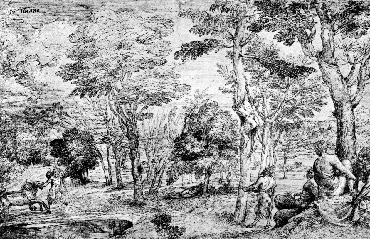 Táj szatírokkal, 1530-1540, 1937 alkotó: Tiziano Vecelli