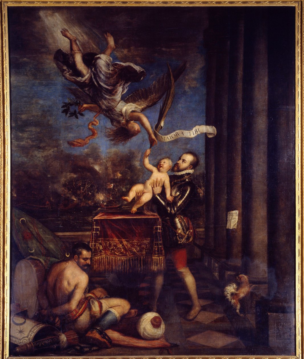 II. Fülöp Lepante győzelme után (1571) az égnek ajánlotta fel Don Ferdinánd herceget. Tiziano Vecellio A Tizian című festménye (1485-1576). Olajfestmény. Méret: 3,35 X 2,74 m. Madrid, Prado Múzeum. alkotó: Tiziano Vecelli