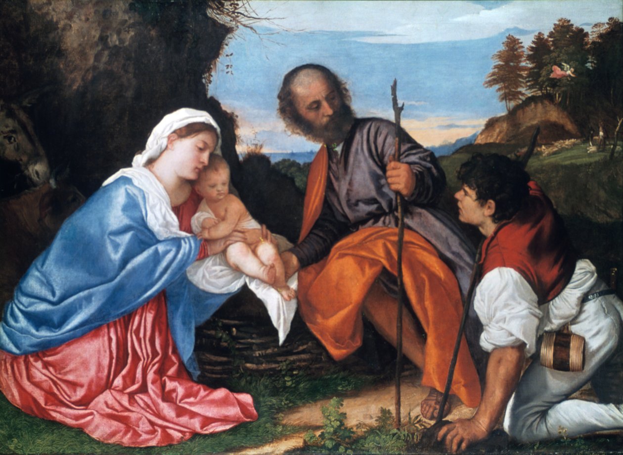 A Szent Család pásztorral, c1510 alkotó: Tiziano Vecelli
