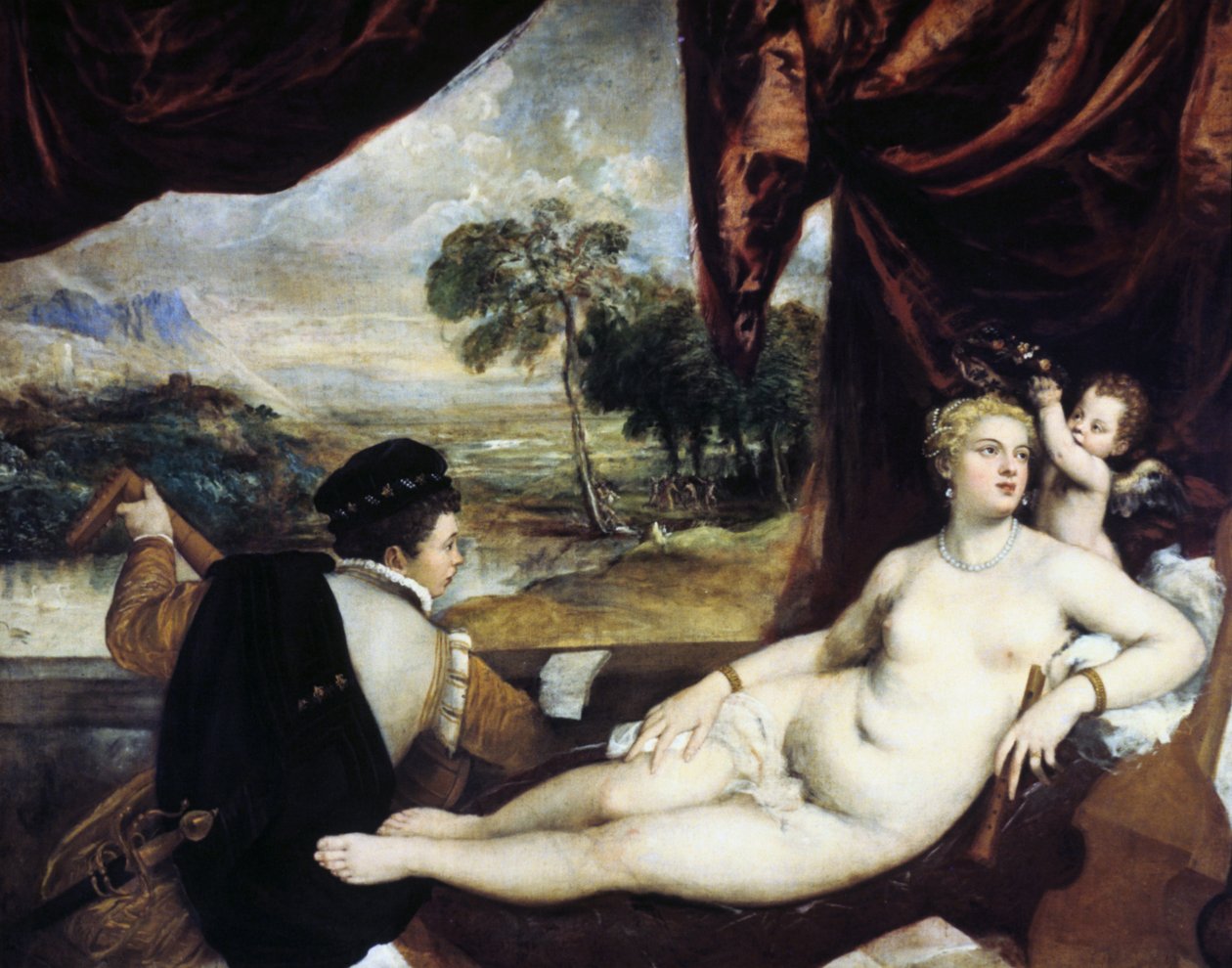 Vénusz és a lantjátékos, c1565-1570 alkotó: Tiziano Vecelli