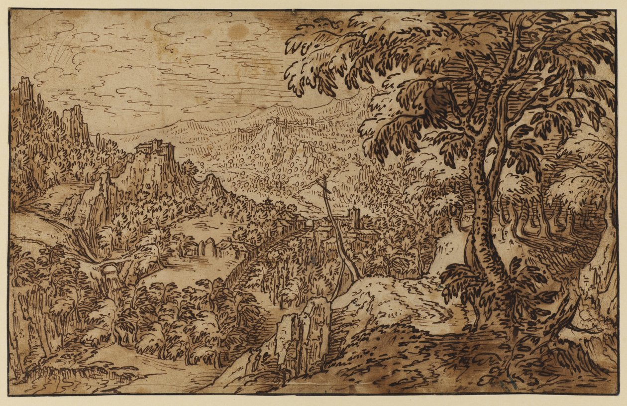 Hegyvidéki táj kereszttel (toll és tinta WC-vel papíron) alkotó: Tobias follower of Verhaecht