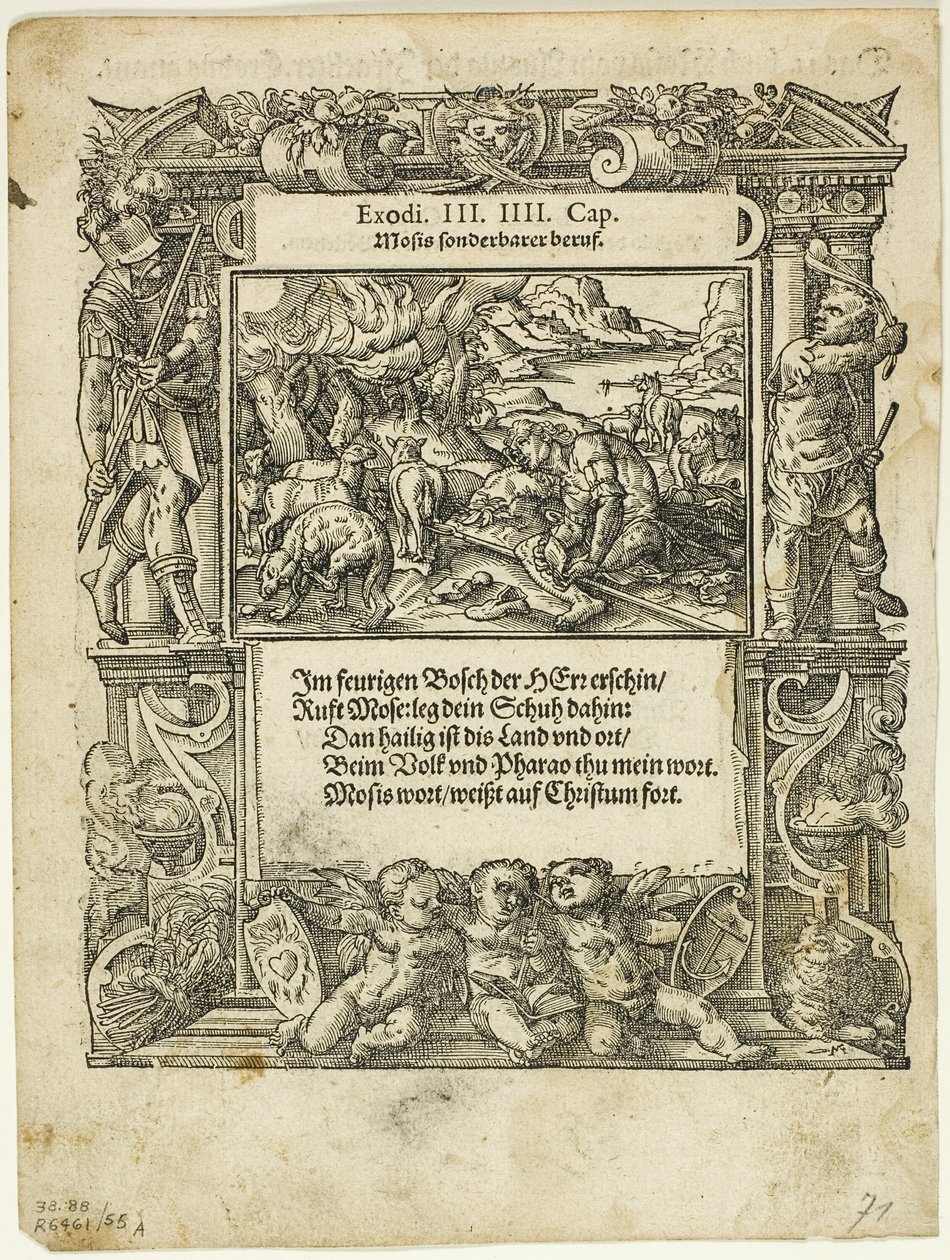 Mózes és az égő bokor (recto) és A folyóba tett csecsemő Mózes (verso) a Neue künstliche Figuren biblischer Historienből, 55. tábla a XVI. századi könyvek fametszeteiből alkotó: Tobias Stimmer