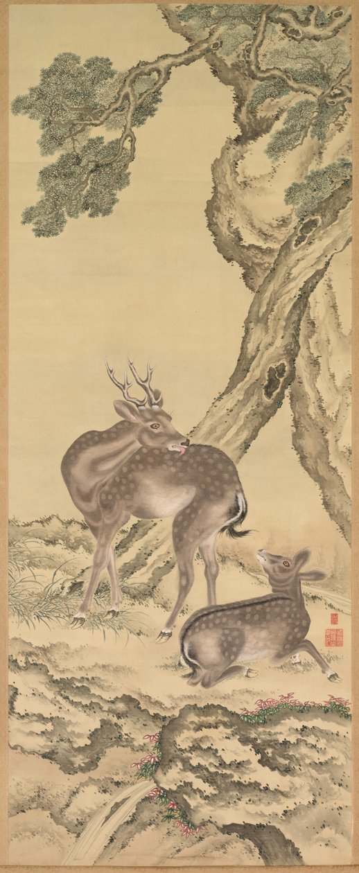 A hosszú élet szimbólumai: Szarvas őszibarack alatt és fenyő Barack balra, 1801. alkotó: Toda Tadanaka