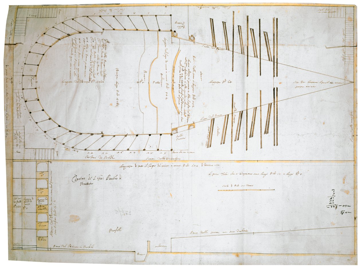 A velencei Teatro Santi Giovanni e Paolo alaprajza, Carlo Fontana terve, 1654 (tinta, papír) alkotó: Tomaso Bezzi