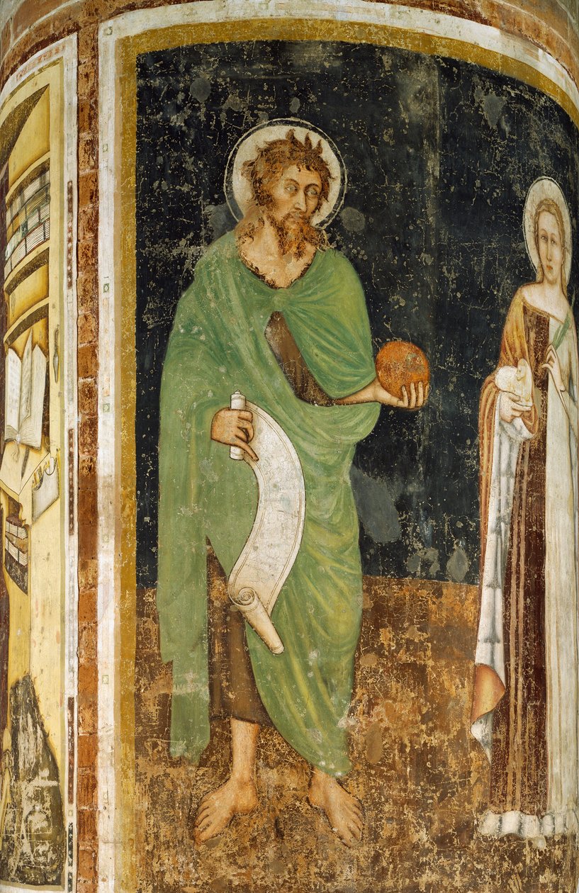 Szent Ágnes és Keresztelő Szent János, részlet a Tommaso da Modena által díszített oszlopról (1325 vagy 1326-1379 előtt), freskó, Szent Miklós-templom, Treviso, Olaszország alkotó: Tomaso da (late 15th century) Modena