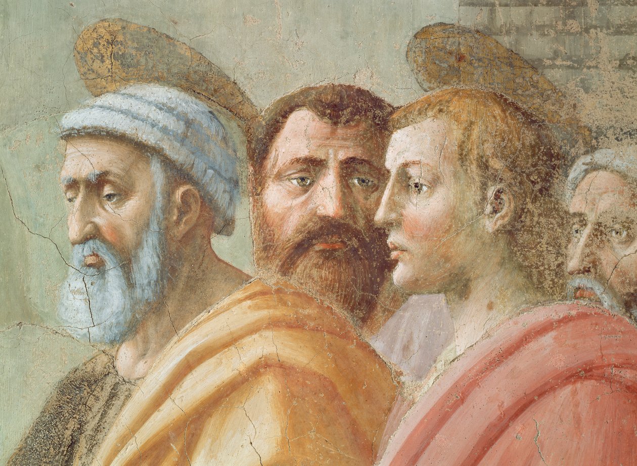 Szent Péter az egyház közös javainak szétosztása és Anániás halála: arcrészletek, köztük Szent Péter, 1427 körül alkotó: Tommaso Masaccio