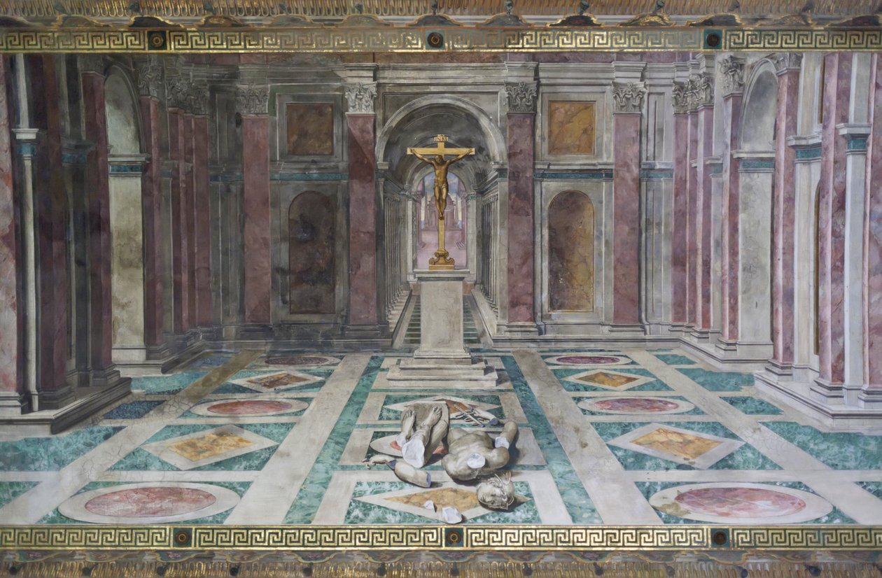 A kereszténység diadala, Konstantin szobájában, Raphael Rooms, 1585 körül (freskó) alkotó: Tommaso Laureti