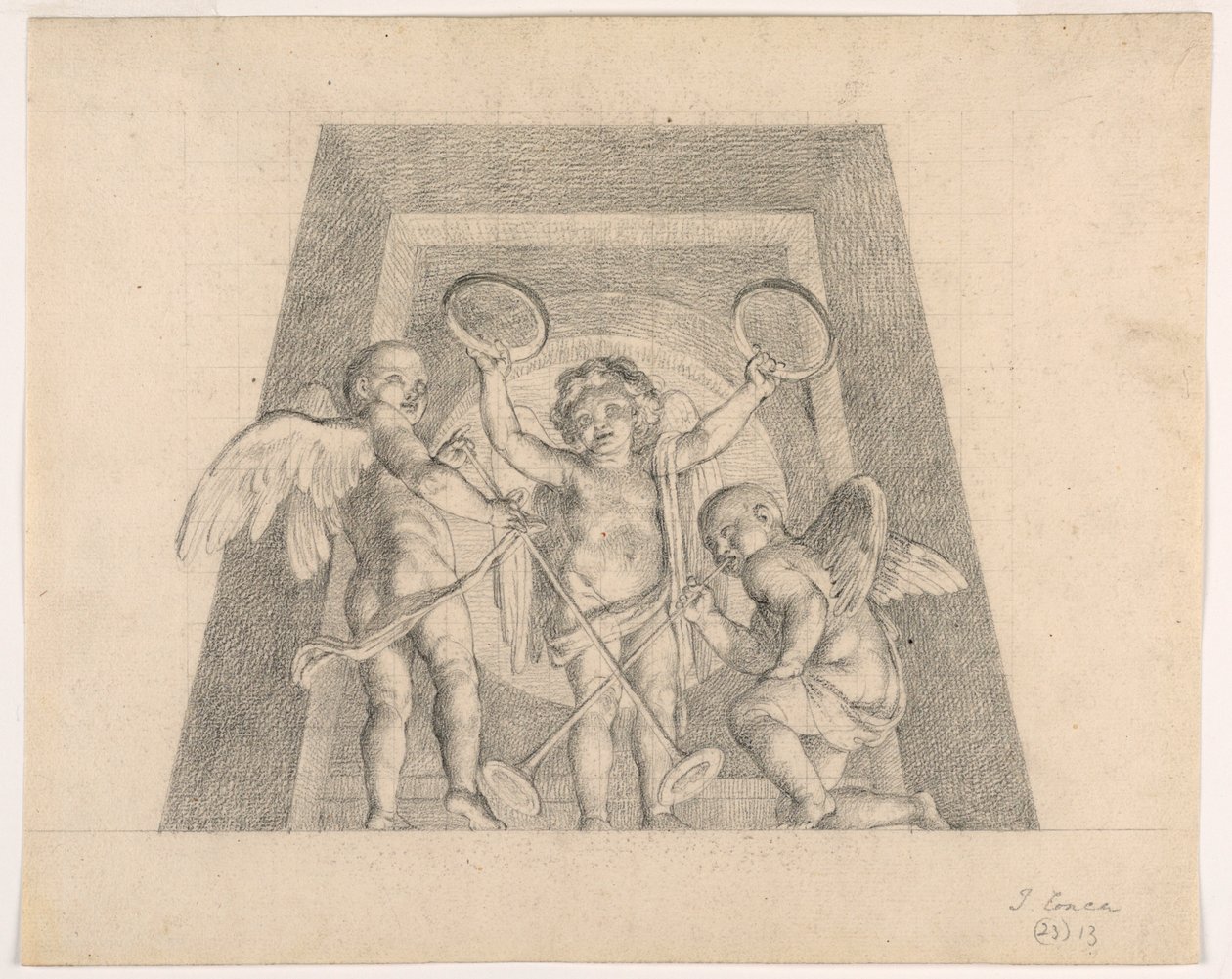 Három putti tamburinákkal és trombitákkal, Design a Sala delle Muse Lunette számára, Museo Pio-Clementino, Vatikán alkotó: Tommaso Maria Conca